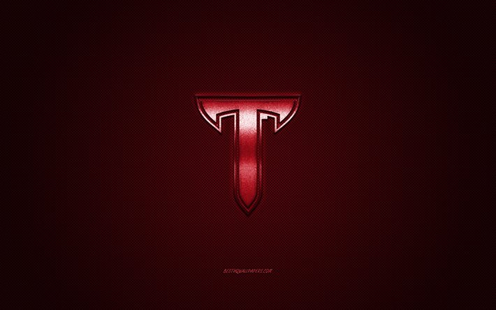 Troy Trojans logo, American football club, NCAA, burgundy logo, burgundy carbon fiber background, American football, Troy, Alabama, USA, Troy Trojans