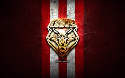 New Mexico Lobos, golden logo, NCAA, red metal background, american football club, New Mexico Lobos logo, american football, USA