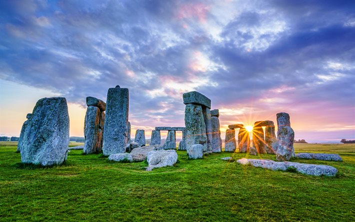 Stonehenge, 4k, coucher de soleil, HDR, le soleil brillant, Stan Hengues, Wiltshire, monuments pr&#233;historiques, Angleterre, Grande-Bretagne, l&#39;anglais rep&#232;res