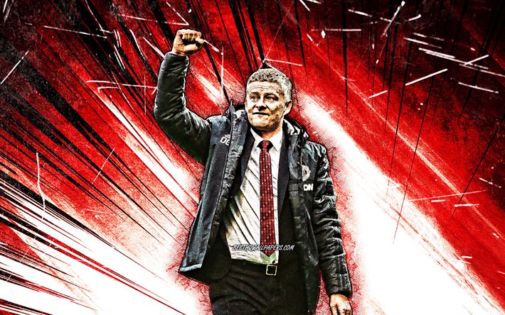 4k, Ole Gunnar Solskjaer, grunge art, Manchester United FC, coach, soccer, Premier League, football managers, footaball, Man United, red abstract rays, Ole Gunnar Solskjaer Manchester United