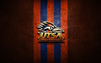 UTSA Roadrunners, altın logo, NCAA, turuncu metal arka plan, Amerikan Futbol Kul&#252;b&#252;, UTSA Roadrunners logo, Amerikan Futbolu, ABD