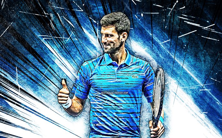4k, el serbio Novak Djokovic, el grunge arte, de la ATP, el serbio jugadores de tenis, azul abstracto rayos, pista de tenis, Djokovic, fan art, Novak Djokovic 4K