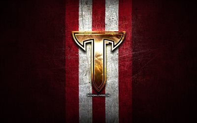 Troy Trojans, golden logo, NCAA, red metal background, american football club, Troy Trojans logo, american football, USA