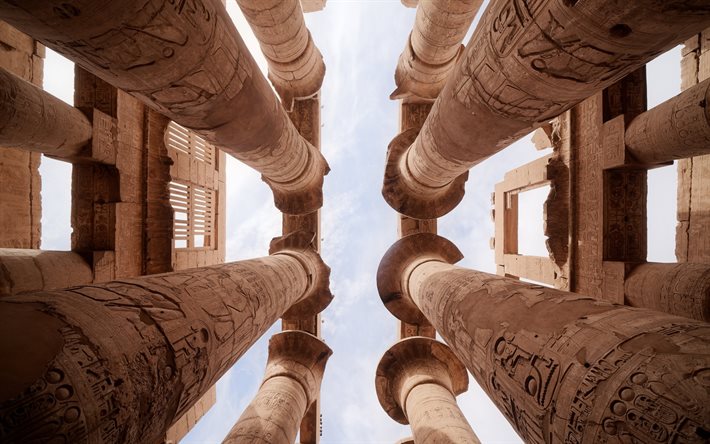 ancient columns, bottom view, egyptian architecture, Egypt, Ancient Egyptian