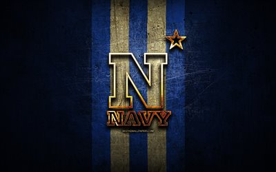 Navy Midshipmen, golden logo, NCAA, blue metal background, american football club, Navy Midshipmen logo, american football, USA