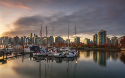 Vancouver, Stanley Park, noite, p&#244;r do sol, Vancouver paisagem urbana, iates, Canad&#225;