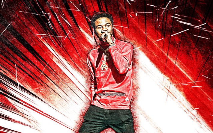 Roddy Ricch, 4k, red abstract rays, american rapper, music stars, concert, Rodrick Wayne Moore Jr, american celebrity, grunge art, Roddy Ricch with microphone, creative, Roddy Ricch 4K