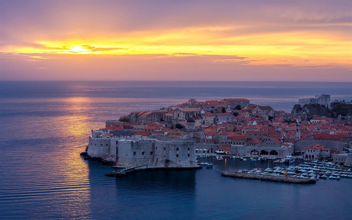 Dubrovnik, Adriatic Sea, Croatia, evening, sunset, resort, seascape, Mediterranean Sea