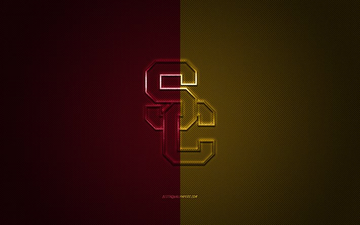 USC Trojans logo, club di football Americano, NCAA, rosso, giallo logo, giallo contesto in fibra di carbonio, football Americano, Los Angeles, California, USA, USC Trojans