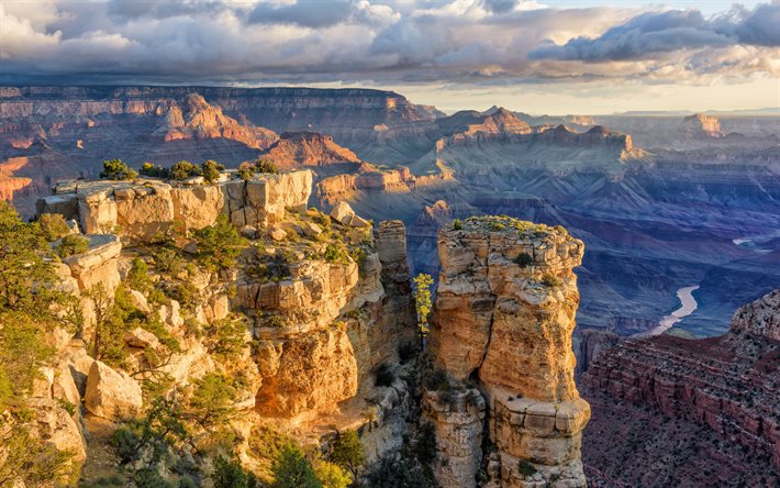 Grand Canyon, evening, sunset, canyon, United States, rocks, Mountain landscape, Arizona, USA