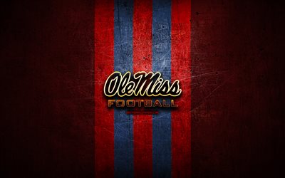 Ole Miss Rebels, golden logo, NCAA, red metal background, american football club, Ole Miss Rebels logo, american football, USA