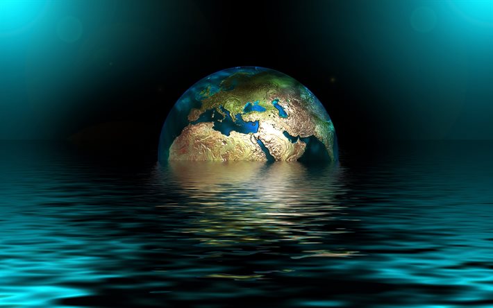 maapallon vesi, 4k, 3D art, Maan, luova, globe