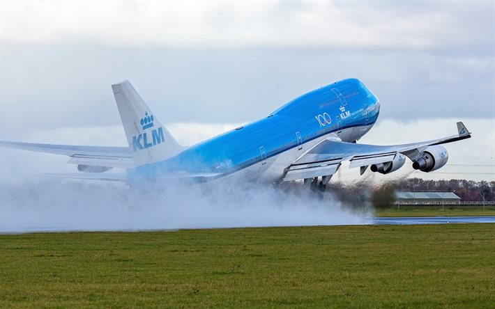 Boeing 747-400, KLM, Royal Dutch Airlines, passenger plane take-off, Netherlands, airliner, Boeing