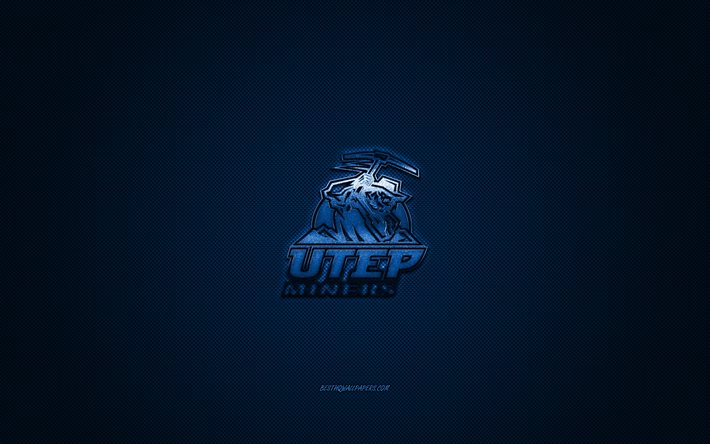 UTEP Gruvarbetare logotyp, Amerikansk football club, NCAA, bl&#229; logo, bl&#229; kolfiber bakgrund, Amerikansk fotboll, Steg, Texas, USA, UTEP Gruvarbetare