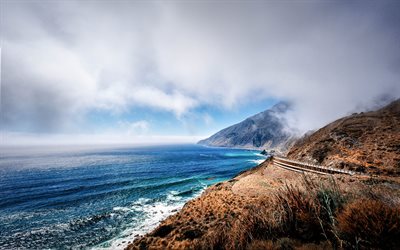 oceano, costa, paisagem de montanha, estrada junto ao mar, Calif&#243;rnia, EUA