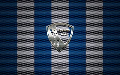 VfL Bochum logo, German football club, metal emblem, blue white metal mesh background, VfL Bochum, 2 Bundesliga, Bochum, Germany, football