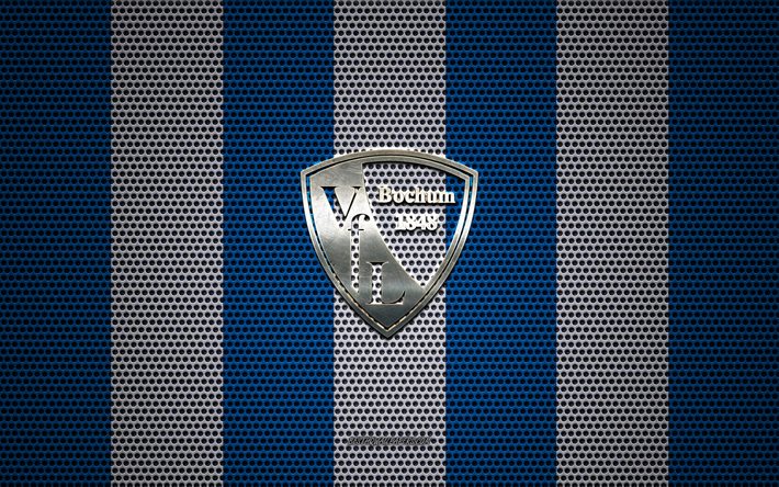 vfl bochum logo, deutscher fu&#223;ball-club, metall-emblem, blau-wei&#223;en metall mesh-hintergrund, vfl bochum, 2 bundesliga, bochum, deutschland, fu&#223;ball