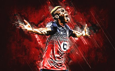Victor Osimhen, Lille OSC, Nigeriansk fotbollsspelare, portr&#228;tt, r&#246;da sten bakgrund, fotboll, Liga 1, Lille