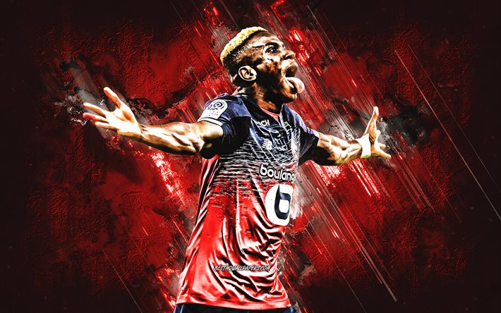 Victor Osimhen, Lille OSC, Nigerian jalkapalloilija, muotokuva, punainen kivi tausta, jalkapallo, League 1, Lille