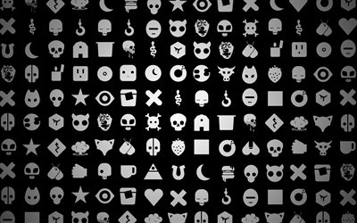 gray icons pattern, 4k, black backgrounds, creative, artwork, background with icons