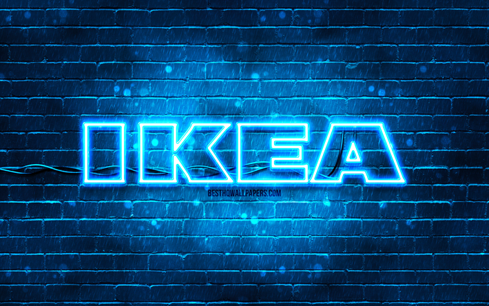 logo bleu ikea, 4k, mur de brique bleu, logo ikea, marques, logo n&#233;on ikea, ikea