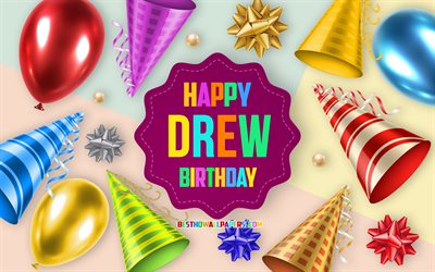 Happy Birthday Drew, 4k, Birthday Balloon Background, Drew, creative art, Happy Drew birthday, silk bows, Drew Birthday, Birthday Party Background