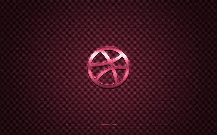 dribbble-logo, vaaleanpunainen kiilt&#228;v&#228; logo, dribbble-metallitunnus, vaaleanpunainen hiilikuiturakenne, dribbble, tuotemerkit, luova taide, dribbble-tunnus