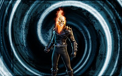4k, Ghost Rider, blue grunge background, Fortnite, vortex, Fortnite characters, Ghost Rider Skin, Fortnite Battle Royale, Ghost Rider Fortnite