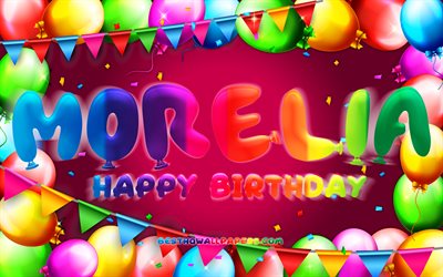 Happy Birthday Morelia, 4k, colorful balloon frame, Morelia name, purple background, Morelia Happy Birthday, Morelia Birthday, popular mexican female names, Birthday concept, Morelia