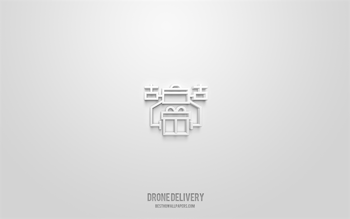 icona 3d di consegna drone, sfondo bianco, simboli 3d, consegna drone, icone di consegna, icone 3d, segno di consegna drone, icone di consegna 3d