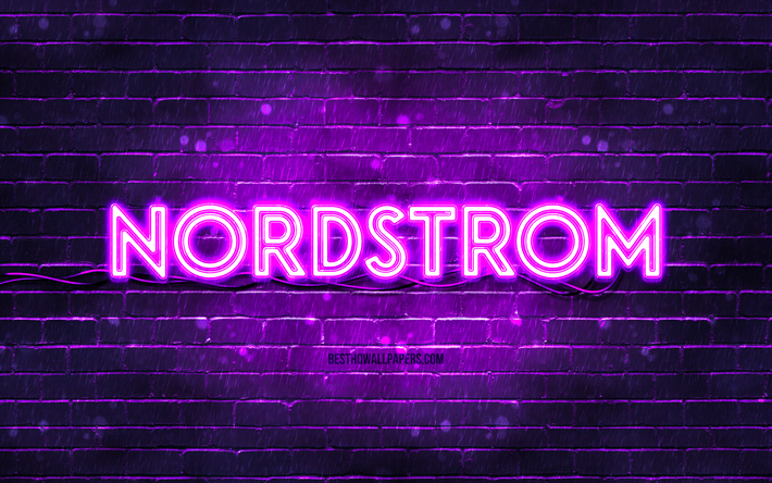Nordstrom violet logo, 4k, violet brickwall, Nordstrom logo, brands, Nordstrom neon logo, Nordstrom