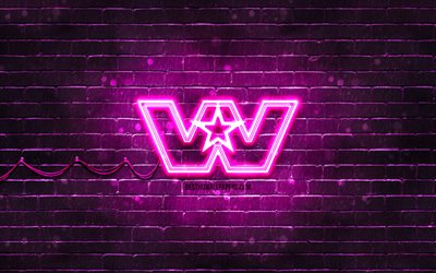 Western Star purple logo, 4k, purple brickwall, Western Star logo, fashion brands, Western Star neon logo, Western Star
