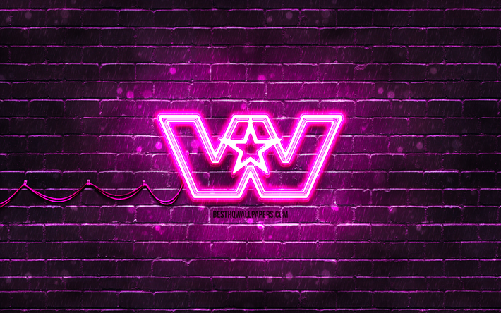 logo western star viola, 4k, muro di mattoni viola, logo western star, marchi di moda, logo al neon western star, western star
