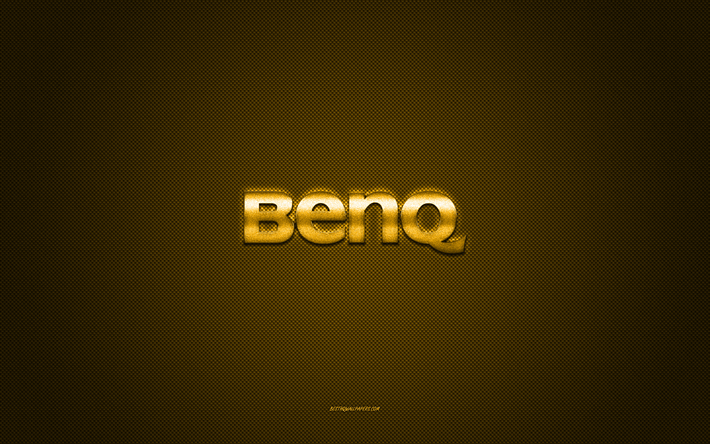 logotipo de benq, logotipo amarillo brillante, emblema de metal de benq, textura de fibra de carbono amarilla, benq, marcas, arte creativo, emblema de benq