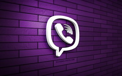 logotipo de viber 3d, 4k, pared de ladrillo violeta, creativo, redes sociales, logotipo de viber, arte 3d, viber