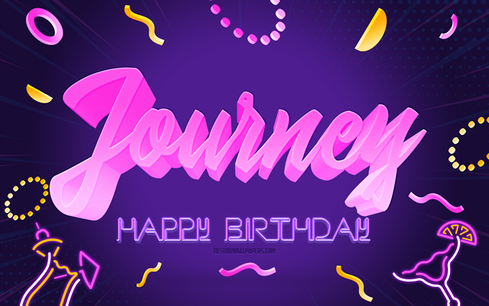 happy birthday journey, 4k, purple party background, journey, kreative kunst, happy journey birthday, journey name, journey birthday, birthday party background