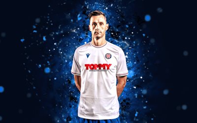 Nikola Kalinic, 4k, 2022, Croatia National Team, soccer, footballers, blue neon lights, Croatian football team, Nikola Kalinic 4K