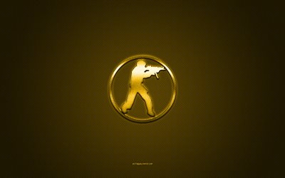 Counter-Strike logo, yellow shiny logo, Counter-Strike metal emblem, yellow carbon fiber texture, Counter-Strike, brands, creative art, Counter-Strike emblem