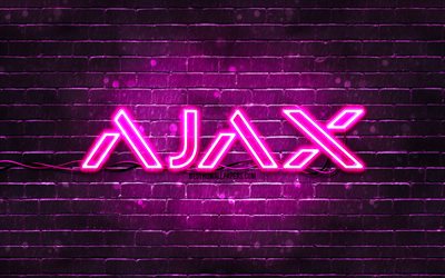Ajax Systems purple logo, 4k, purple brickwall, Ajax Systems logo, brands, purple abstract backgrounds, Ajax Systems neon logo, Ajax Systems
