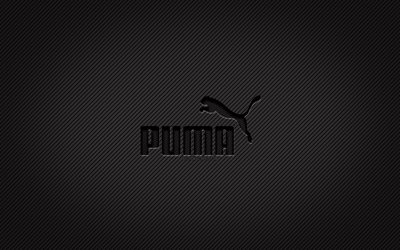 Puma carbon logo, 4k, grunge art, carbon background, creative, Puma black logo, brands, Puma logo, Puma