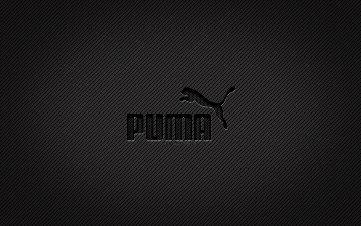 puma carbone logo, 4k, grunge art, fond carbone, cr&#233;atif, puma logo noir, marques, puma logo, puma