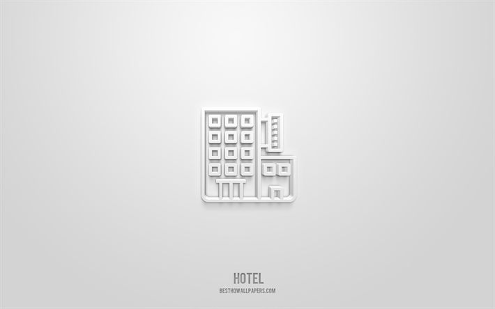 hotellin 3d-kuvake, valkoinen tausta, 3d-symbolit, hotelli, rakennusten kuvakkeet, 3d-kuvakkeet, hotellikyltti, rakennukset 3d-kuvakkeet