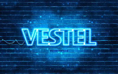 Vestel blue logo, 4k, blue brickwall, Vestel logo, brands, Vestel neon logo, Vestel