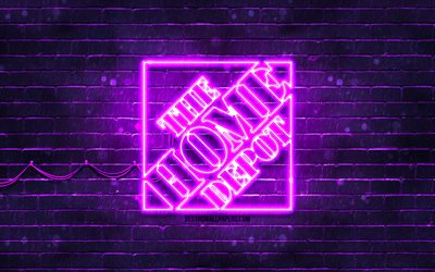 logotipo violeta de home depot, 4k, pared de ladrillo violeta, logotipo de home depot, marcas, logotipo de ne&#243;n de home depot, home depot