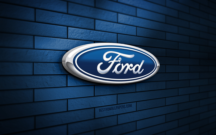 logo ford 3d, 4k, mur de briques bleu, cr&#233;atif, marques de voitures, logo ford, art 3d, ford