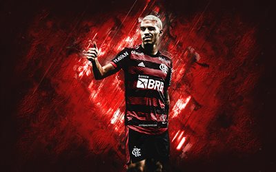 Matheuzinho, Flamengo, Brazilian football player, red stone background, football, grunge art, Brazil