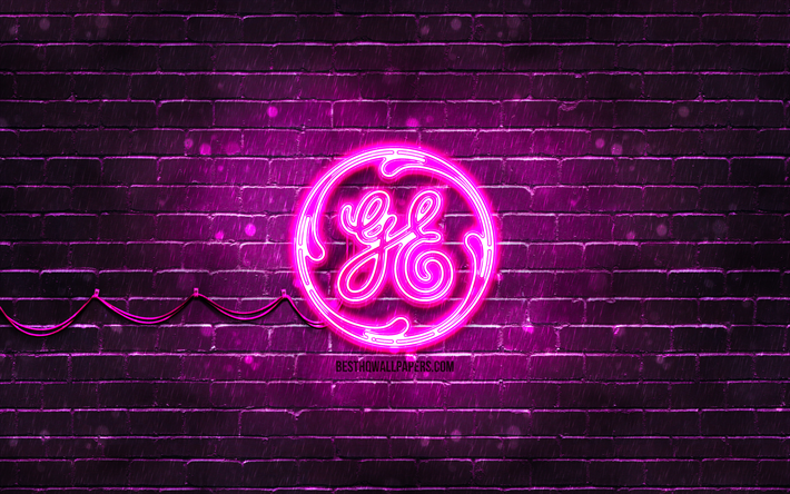 general electric logo violet, 4k, violet brickwall, general electric logo, marques, general electric n&#233;on logo, general electric