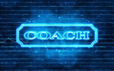 logo coach blu, 4k, muro di mattoni blu, logo coach, marchi, logo coach neon, coach