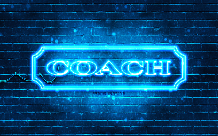 Coach blue logo, 4k, blue brickwall, Coach logo, brands, Coach neon logo, Coach