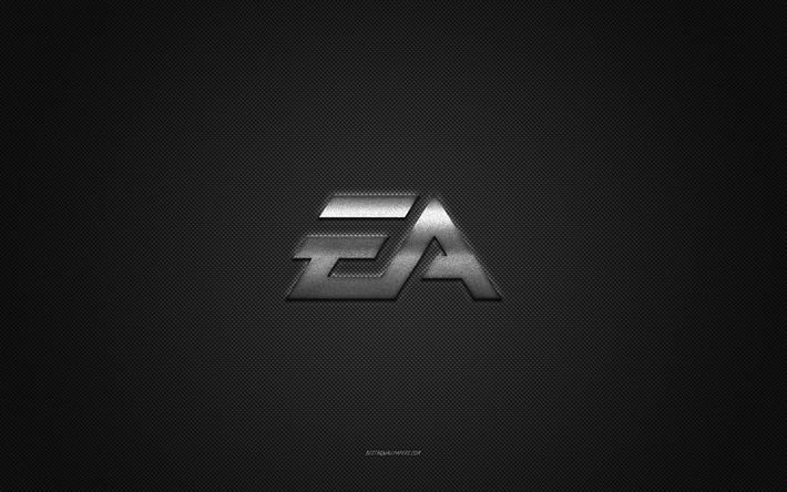 EA Games logo, silver shiny logo, EA Games metal emblem, gray carbon fiber texture, EA Games, brands, creative art, EA Games emblem, Electronic Arts